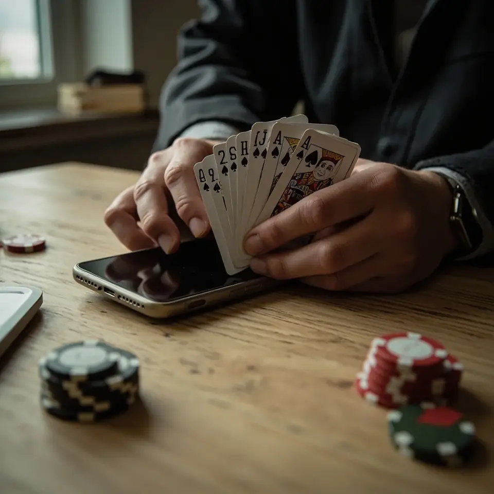 Two adult hands: one holding a thirteen-card rummy fan and the other resting a face-down phone on pale oak