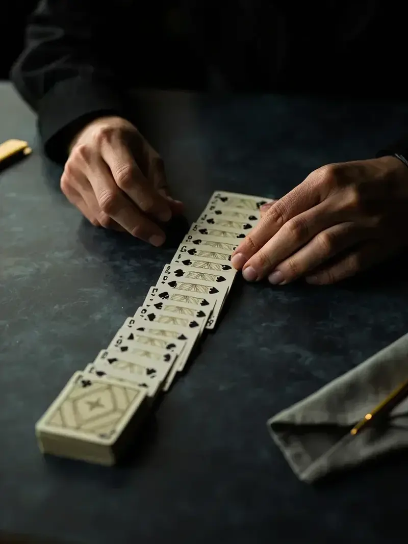 A Points rummy hand being arranged on honed slate