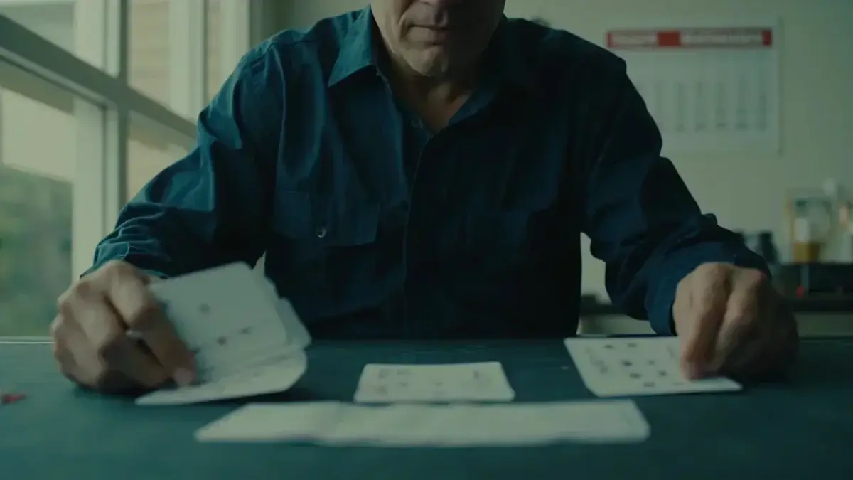 A solitary adult at a slate table, two candidate cards held apart during a rummy decision